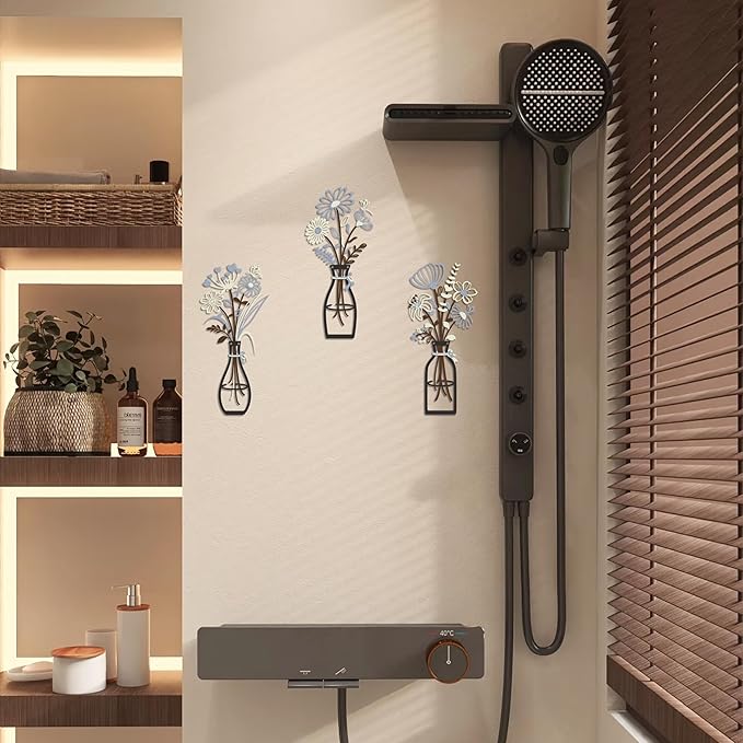 Iron Metal Vase Flower Wall Art Minimalist Black Floral Decor for Living Room Bedroom Kitchen, Office Garden - Modern Farmhouse Home Decor & Housewarming Gifts (Beige-Blue No Text)