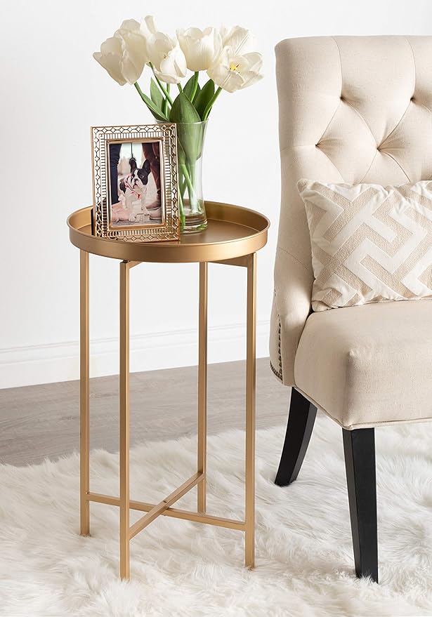 Kate and Laurel Celia Round Metal Foldable Accent Table with Tray Top, Gold