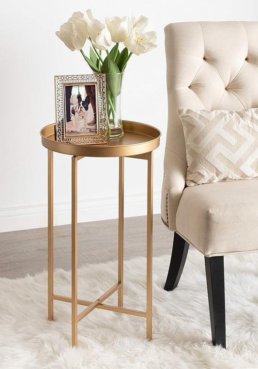 Kate and Laurel Celia Round Metal Foldable Accent Table with Tray Top, Gold