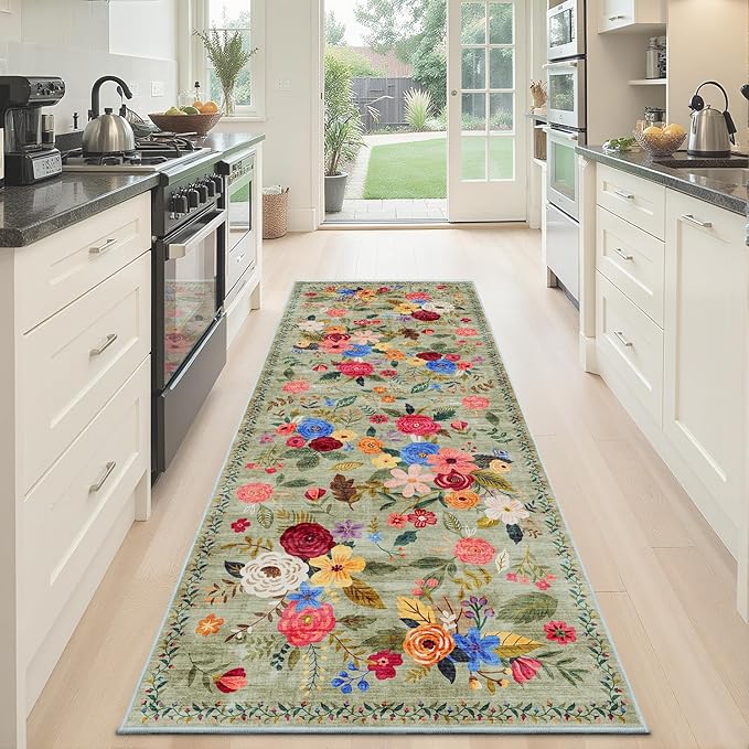 Rug for Hallways Kitchen Rug 2x6 Green, Non Slip Washable Rugs with Rubber Backing Soft Floral Carpet Runner for Hallways, Kitchen, Laundry, Bedroom, Bathroom (2 x 6, Green Lawn)
