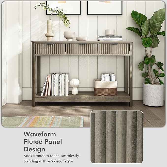 Set of 2 Console Table with Drawers, Modern 47.1" Entryway Table with Storage Shelf, Boho Narrow Skinny Behind Couch Wood Sofa Table for Living Room Hallway Entrance Foyer,Washed Oak