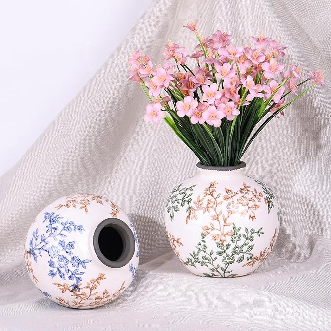 Vintage Blue and White Brown Round Vase, Chinoiserie Porcelain Blue Floral Vase, Mid Century Modern Pottery Flower Vases for Bouquet and Home Rustic Farmhouse Dining Table Decor