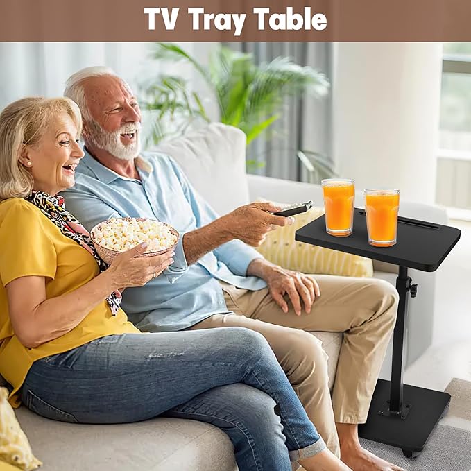 Aoligrace C Table End Table Adjustable Height, 360°Swivel TV Tray Table with Wheels, Small Side Table for Couch C Shaped End Table for Living Room Bedroom Small Spaces(Black 2)