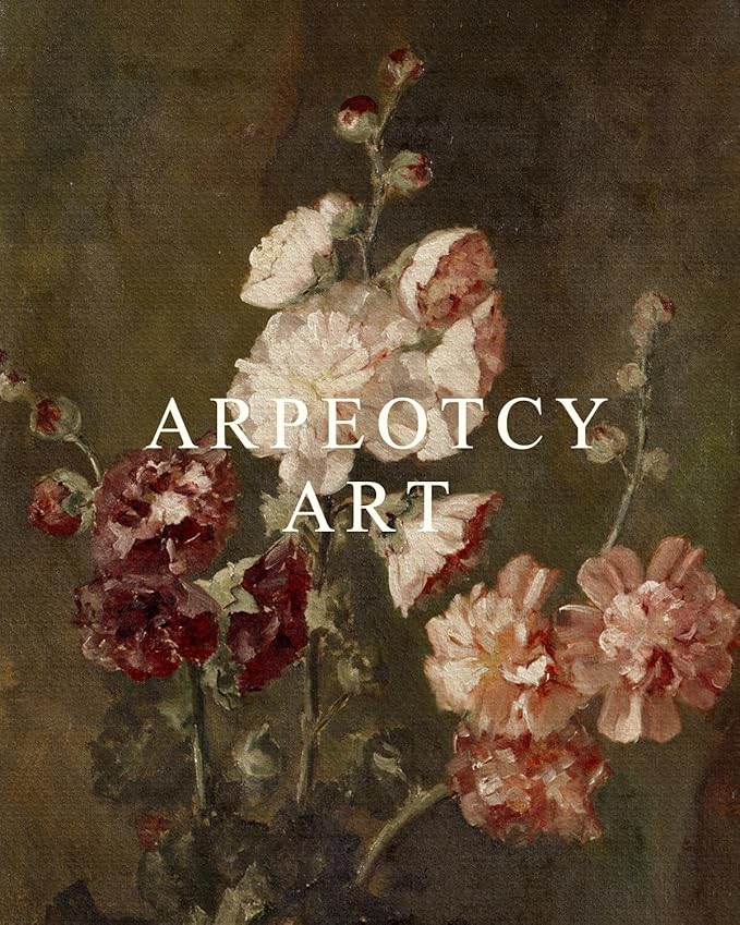 ARPEOTCY Vintage Floral Framed Wall Art, Hollyhocks Bathroom Decor Aesthetic, 16x24 Inch Large Canvas Art, Retro Wall Decor for Bedroom Living Room, Office Still Life Paintings Gifts