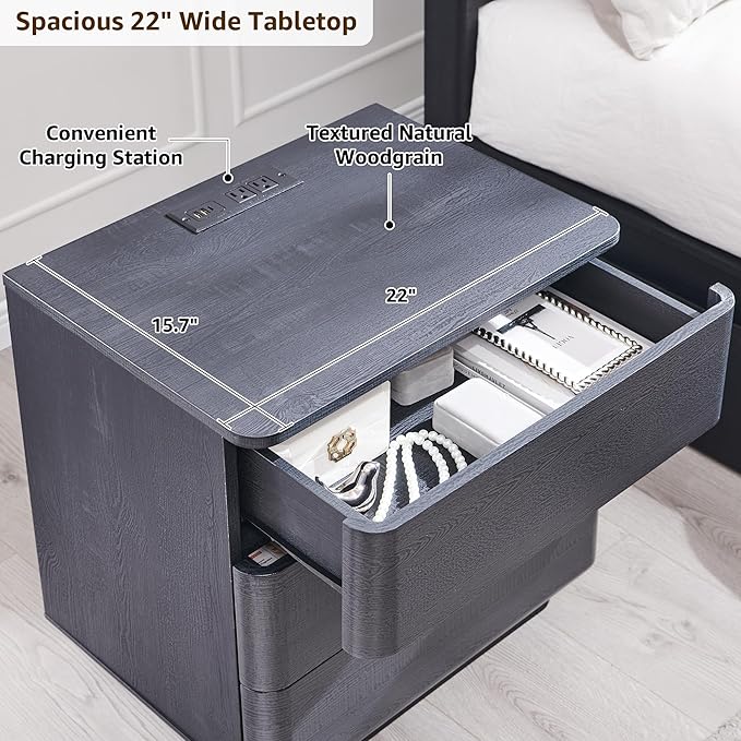JXQTLINGMU 22" Modern Nightstand with Charging Station, Large Push-to-Open End Table, Wood Bedside Table w/Curved Profile Design, Handleless 3 Drawer Night Stand for Bedroom, Living Room, Black