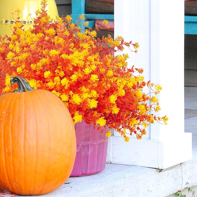 12 Bundles Artificial Fall Flowers for Outdoors, Artificial Plants UV Resistant Fall Fake Mums Plants for Outside Halloween Christmas Porch Decoration ecorations (Fall Orange)