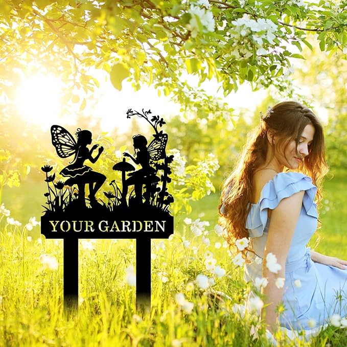 Personalized Garden Signs with Stake, Metal Custom Fairy Garden Signs for Outdoor Waterproof, Customized Metal Name Sign, Home Patio Yard Outdoor Decor Gifts for Gardeners