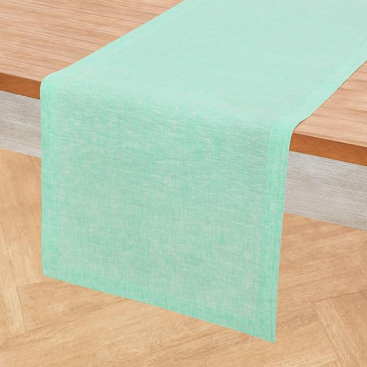 Solino Home Linen Table Runner 120 Inches Long - Athena, 100% Pure Linen Chambray Aqua Dining Table Runner 14 x 120 Inch
