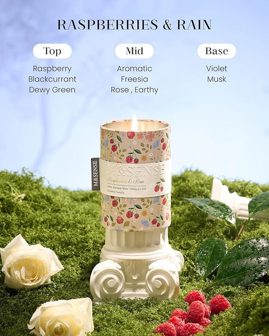 M&SENSE Raspberries Rain Scented Candle, Medium Jar Candle 11.3oz Natural Soy Wax for Home Scented, Floral Candles Gift for Spring Holiday, Up to 70 Hours Burning Long-Lasting Fragrance