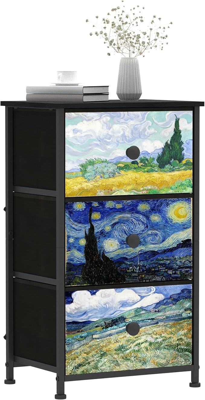 Dresser with 3 Drawers Van Gogh Drawer Dresser for Bedroom Narrow Nightstand Small Dressers & Chests of Drawers for Halfway Entryway Closets Living Room Sturdy Steel Frame Wood Top