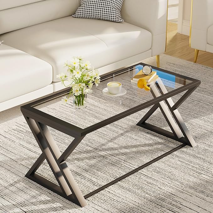 Coffee Table Black Glass Coffee Table for Living Room,Modern Rectangular Center Table with Sturdy Metal Frame,Tempered Glass Table Tea Tables for Bedroom Home Office