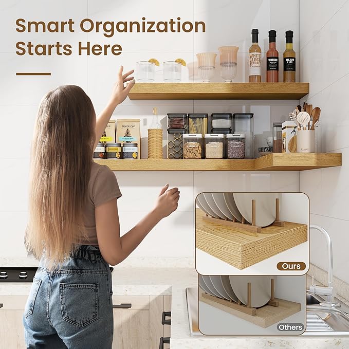 16in Floating Shelves for Wall, 16"W x 9.25"D x 1.25"H, 2 Pack Long Wall Mounted Engineered Wood Shelves with Invisible Brackets for Living Room, Bedroom, Bathroom, Kitchen Decor and Storage, Oak