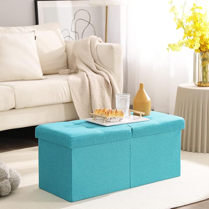 CUYOCA Storage Ottoman Bench Foldable Seat Footrest Shoe Bench End of Bed Storage with Flipping Lid, 75L Storage Space, 30 inches Linen Fabric Teal Blue