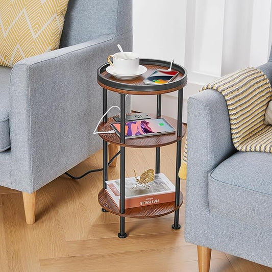 Small Round Side Table with Charging Station for Small Spaces, 3-Tier Accent Table with USB Ports & Power Outlets, Sofa Corner Tea Table for Living Room Nightstand Bedroom Apartment (USB, Cherry)