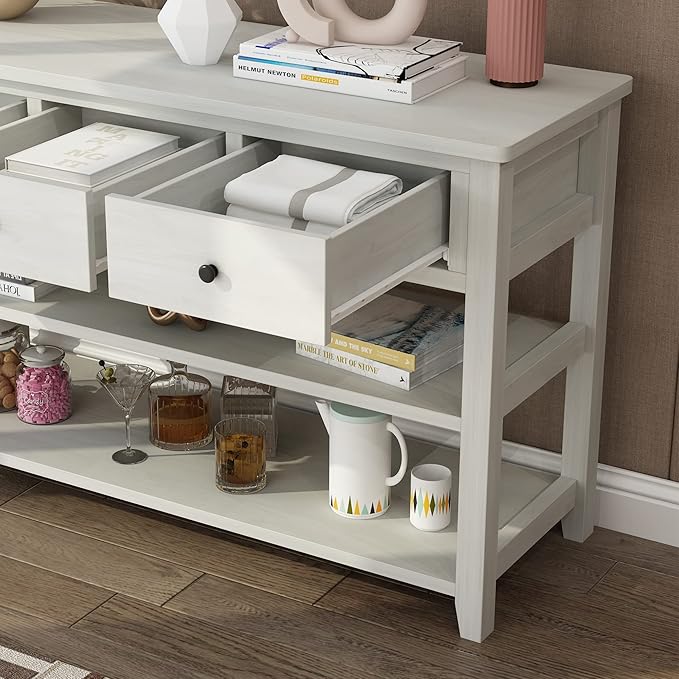 Karl home Console Table Entryway Desk, Sofa Side Table with 3 Drawers 2 Bottom Storage Shelves, Vintage TV Stand for Hallway Living Room Office, Antique White 29.9" H