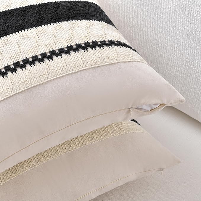 Fancy Homi Set of 2 Boho Black Decorative Throw Pillow Cover 22x22 Inch for Couch Bed Sofa, Aesthetic Modern Organic Farmhouse Home Decor, Soft Cotton Cute Accent Macrame Woven Cushion Case