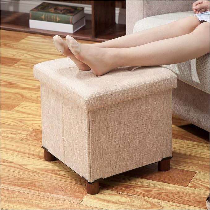 15 Inch Storage Ottoman with Wooden Legs - Cube Foot Rest Stool, Square Footstool, Comfortable Seat with Lid, Foldable Fabric Ottoman, Space-Saving Beige