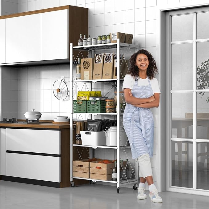 64" H 5 Tier Foldable Storage Shelf with Wheels, Folding Shelving Loads 500 LBS, Metal Steel Garage Shelves, Rolling Standing Utility Rack for Kitchen, Pantry, Office, White