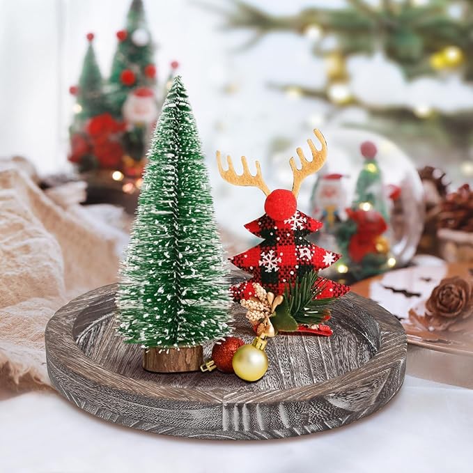 Round Decorative Wood Trays for Coffee Table Counter Farmhouse Kitchen Home Decor Centerpiece Small Wooden Candle Holder Tray Circular Serving Platter Circle Rustic Dining Table Bathroom Perfume Tray