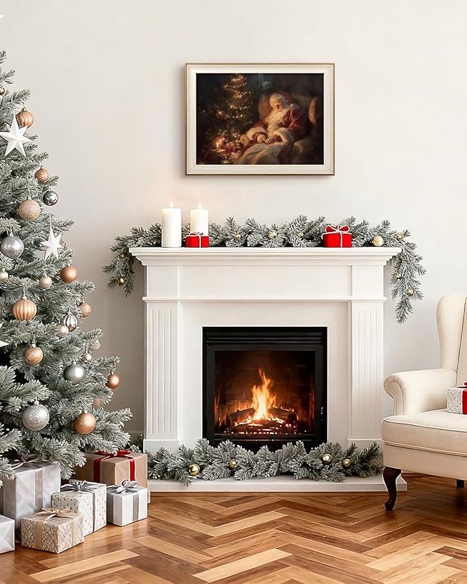 InSimSea Christmas Decor Framed Wall Art, Santa Claus by the fireplace Canvas Painting, Vintage Rustic Home Decor, Unique Christmas Gifts For Table Wall Farmhouse Mantel Home Office 12L x 16W