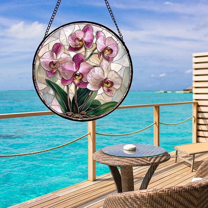 Stained Glass Window Hanging - Pink Purple Phalaenopsis Flowers Sun Catcher for Door Home Decor Plant Suncatcher Christmas Mother's Day Birthday Gifts for Women Men Mom Nana 9.8 in