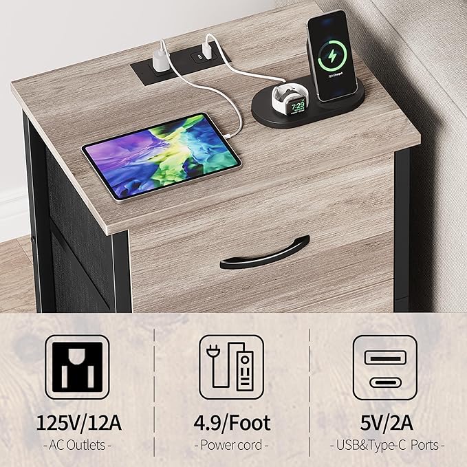 Vagusicc Nightstand Set of 2 with Charging Station, End Table Bedside Table with Power Outlet & USB Ports, Side Table with 2 Fabric Drawers for Bedroom, Living Room, Greige