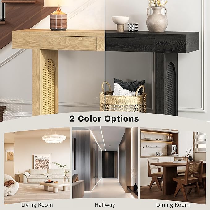 51.9" Narrow Console Table for Entryway, with Storage Drawers, Natural Wood Finish Table Rattan Accent, Stylish Rustic Sofa Table for Living Room and Hallway (Natural Wood)