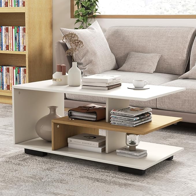 COSTWAY Morden Coffee Table with Storage Shelves, 36 Inch 3-Tier Rectangular Wooden Tea Table, Accent Center Table for Living Room Apartment Reception, White