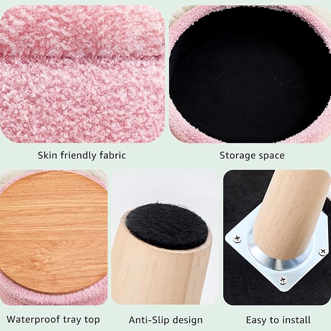 Mxfurhawa Versatile Storage Ottoman, Round Footstool with Soft Padded Seat, Small End Table with 4 Wood Legs, Teddy Velvet Foot Rest for Couch,Shoe Changing Stool for Living Room (Pink)