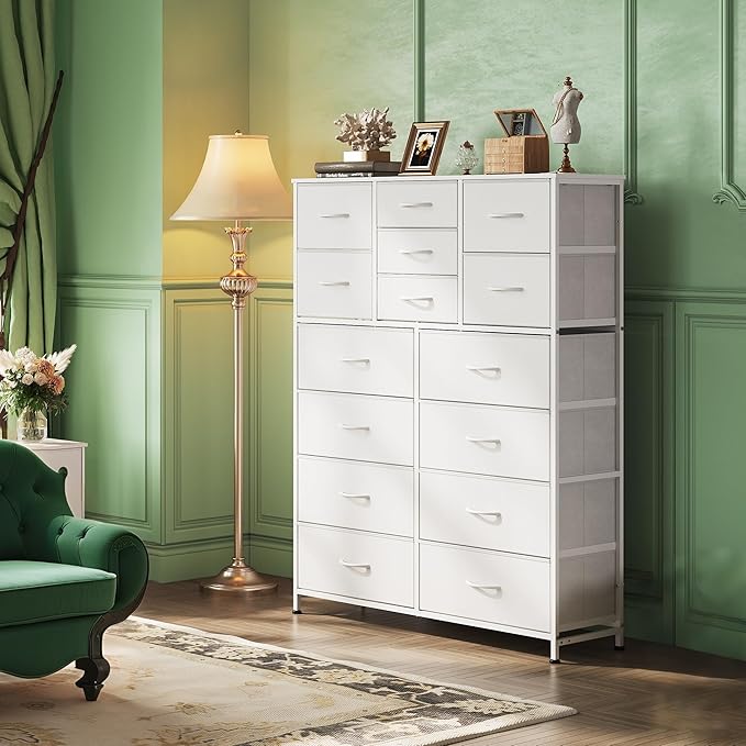 Tall Console Table with 15 Fabric Drawers, Entryway Table with Storage, Tall Storage Organizer with Wood Top, Steel Frame for Living Room, Hallway, Office, White