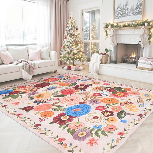 Living Room Rugs, Area Rugs 5x8 Rug for Bedroom Ultra-Thin Soft, Non-Slip Washable Rugs Stain Resistant Boho Rug Low-Pile Throw Rug for ‎Dining Room Office (5 x 8, Beige/Pink Garden)