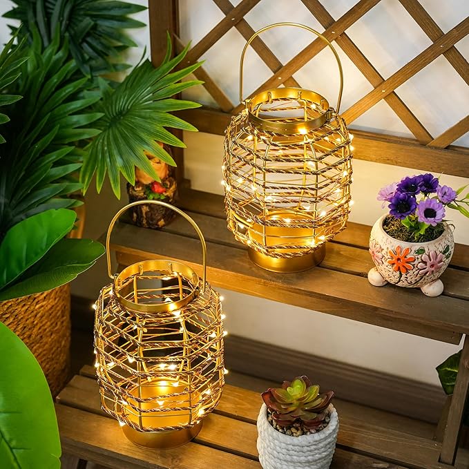 Set of 2 Battery Operated Table Lamp 7.7 "H Metal Cage LED Cordless Lamp with 6-Hour Timer, Vintage Decorative Fairy Lights Lantern for Indoor/Outdoor Bedrooms Weddings Parties Patio Events