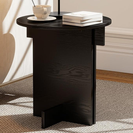 Wooden Round Side Table, Small Drink End Table, Cocktail Table, Modern Accent Night Stand with Wooden Base, Plants Stand for Living Room/Bedroom, Corners, Office, Small Space, Black