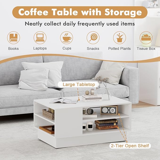 Giantex Coffee Table with Storage, 2-Tier Rectangle Accent Sofa Table with Shelf & Elevated Base, Modern Geometric Center Table for Living Room, Reception Room, Lounge, White