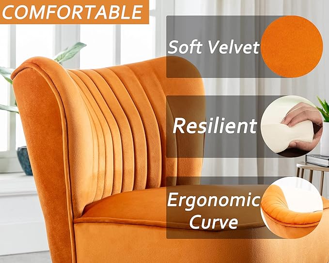Velvet Accent Chairs Set of 2 for Comfy Living Room Armless Slipper Chair Mid Century Side Chair Single Sofa with Golden Legs Wingback for Bedroom Guest Room, Orange