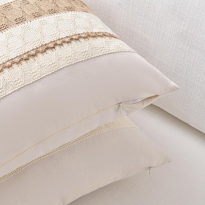 Fancy Homi Set of 2 Boho Neutral Long Lumbar Decorative Throw Pillow Cover 14x24 Inch for Couch Bed Sofa Chair, Modern Organic Farmhouse Home Decor, Soft Cotton Cute Accent Tan Rectangle Cushion Case