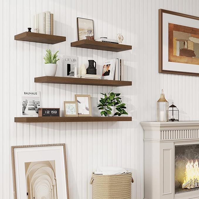 16in Floating Shelves for Wall, 16"W x 9.25"D x 1.25"H, 2 Pack Long Wall Mounted Engineered Wood Shelves with Invisible Brackets for Living Room, Bedroom, Bathroom, Kitchen Decor and Storage, Walnut