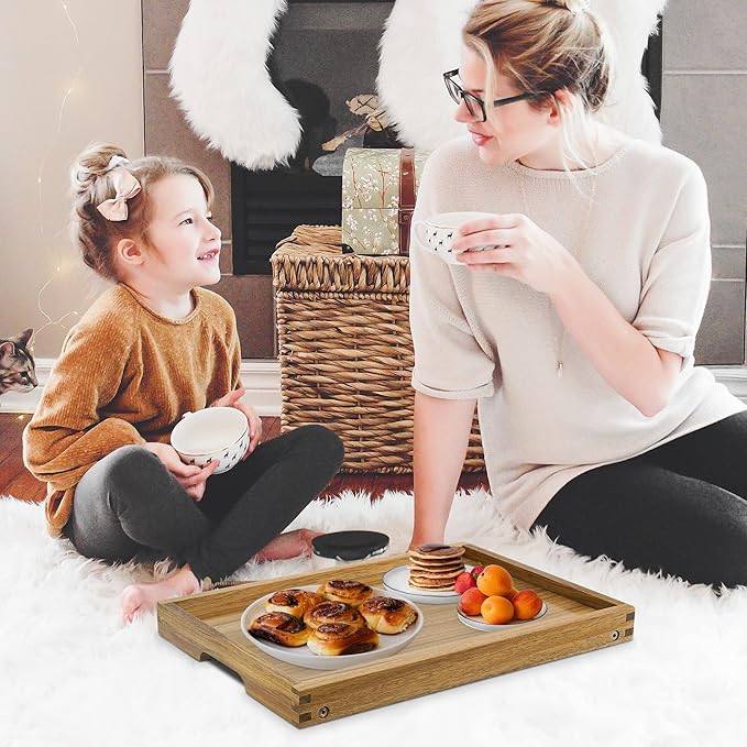 VaeFae Acacia Bed Table Tray, Wooden Breakfast Tray with Folding Legs, Bed Tray for Eating and Laptop, Eating Trays for Bedroom (Large Size)