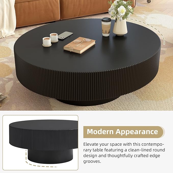 31.5" Round Coffee Table Modern Wooden Coffee Tables for Living Room Black Circle Drum Coffee Table with Sturdy Pedesta Circular Fluted Center Table for Apartment Living Room