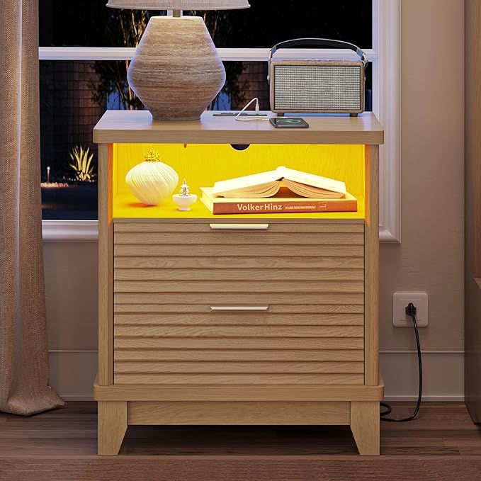 AOGLLATI Fluted Nightstand with Charging Station and 2 Drawers, Wood Nightstand, Beside Table with Open Storage and Led Lights, Retro End Side Table for Bedroom, Wood