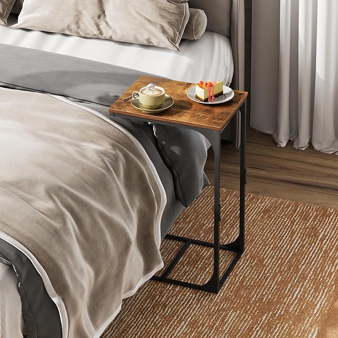 WLIVE C Shaped End Table, Small Couch Side Tables with Metal Frame That Slide Under, Sofa Table TV Tray for Living Room, Bedroom, Rustic Brown