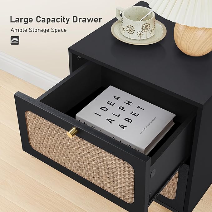 16" Wooden Nightstand with 2 Storage Drawer, Farmhouse Bedside End Table with Linen Decor, Modern for Night Stand Bedroom, Living Room & Small Spaces (Black)