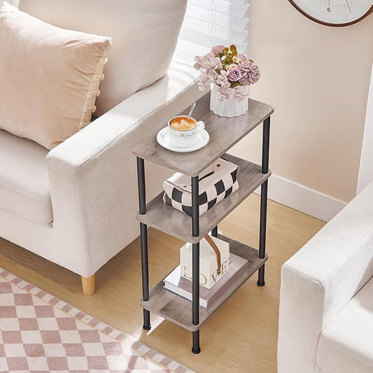 HOOBRO Narrow Side Table, 3-Tier Slim End Table No Tools Needed, Twist-On Assembly, Skinny Nightstand Sofa Storage Shelf for Living Room, Bedroom, Study, Greige and Black BG246BZ01