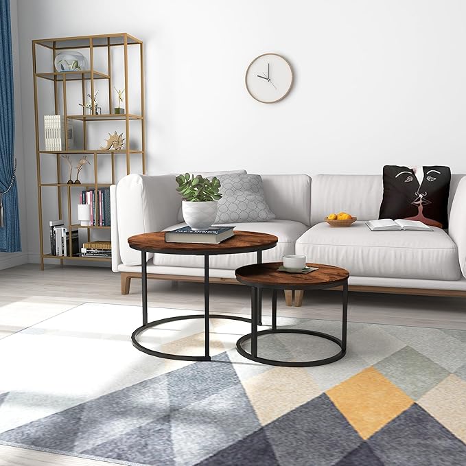 HOMERECOMMEND Round Coffee Table Set of 2 Modern Nesting Side End Table for Living Room,Round Wooden Coffee Table with Solid Powder-Coated Metal Frame, Rustic Brown/Black