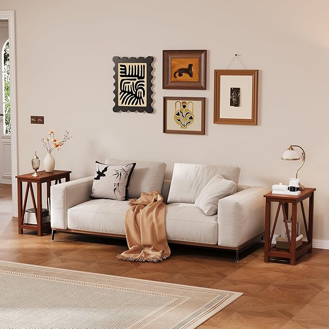 ChooChoo Farmhouse End Table Set of 2, Rustic Vintage Narrow End Side Table with Storage Shelf for Small Spaces, Nightstand Sofa Table for Living Room, Bedroom Walnut