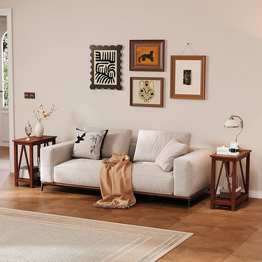 ChooChoo Farmhouse End Table Set of 2, Rustic Vintage Narrow End Side Table with Storage Shelf for Small Spaces, Nightstand Sofa Table for Living Room, Bedroom Walnut