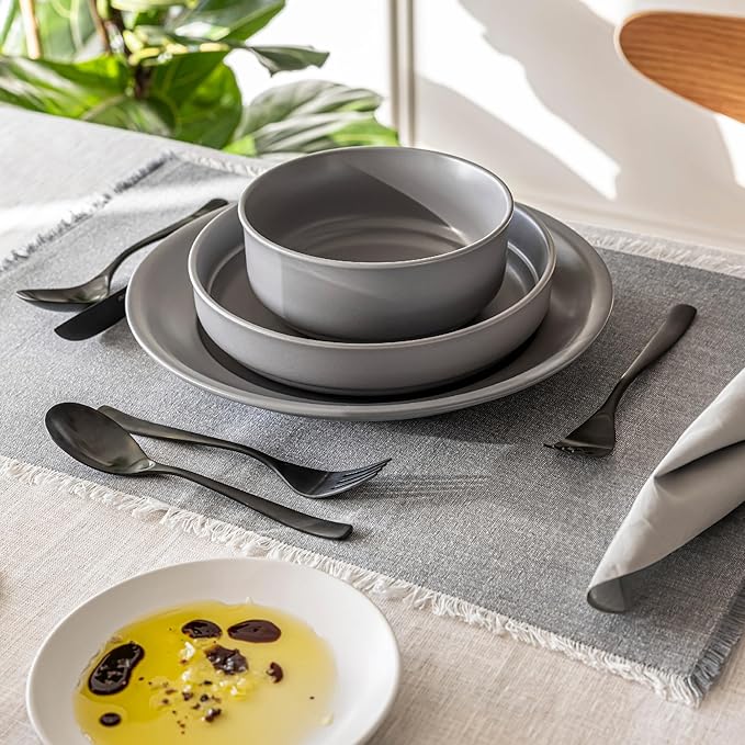 Over&Back Set of 4 Woven Frayed Chambray Placemats - Colorful Dining Table Mat - Hand-Finished Frayed Edges - 100% Cotton - Machine Washable - Kitchen and Home Decor - Grey - 14" L X 20" W