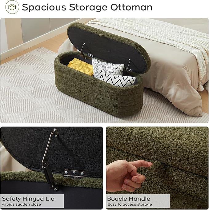 Storage Ottoman Bench End of Bed for Bedroom,45 inch Boucle Upholstered Entryway Shoe Seat Bench w/ Storage,Sherpa Modern Cute Padded Blanket Chest Stool Foot Rest for Living Room,Window Seating,Green