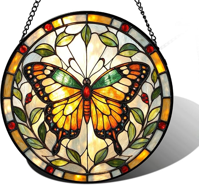 Butterfly Stained Glass Sun Catcher for Window Hanging, Yellow Butterfly Suncatcher for Indoor Window Decoration, Stained Glass Panel Home Decor for Women, Mom (Yellow, 6.3'')