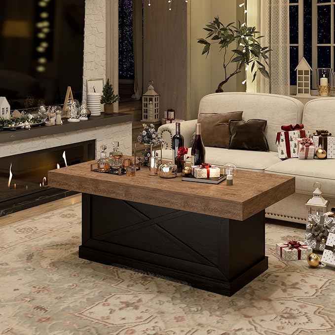 Coffee Table 39 in Rustic Center Table with X-Design Wooden Pedestal for Living Room, Space Saving, Rectangle Home Office Tea Accent Table for Apartment, Dark Oak Black